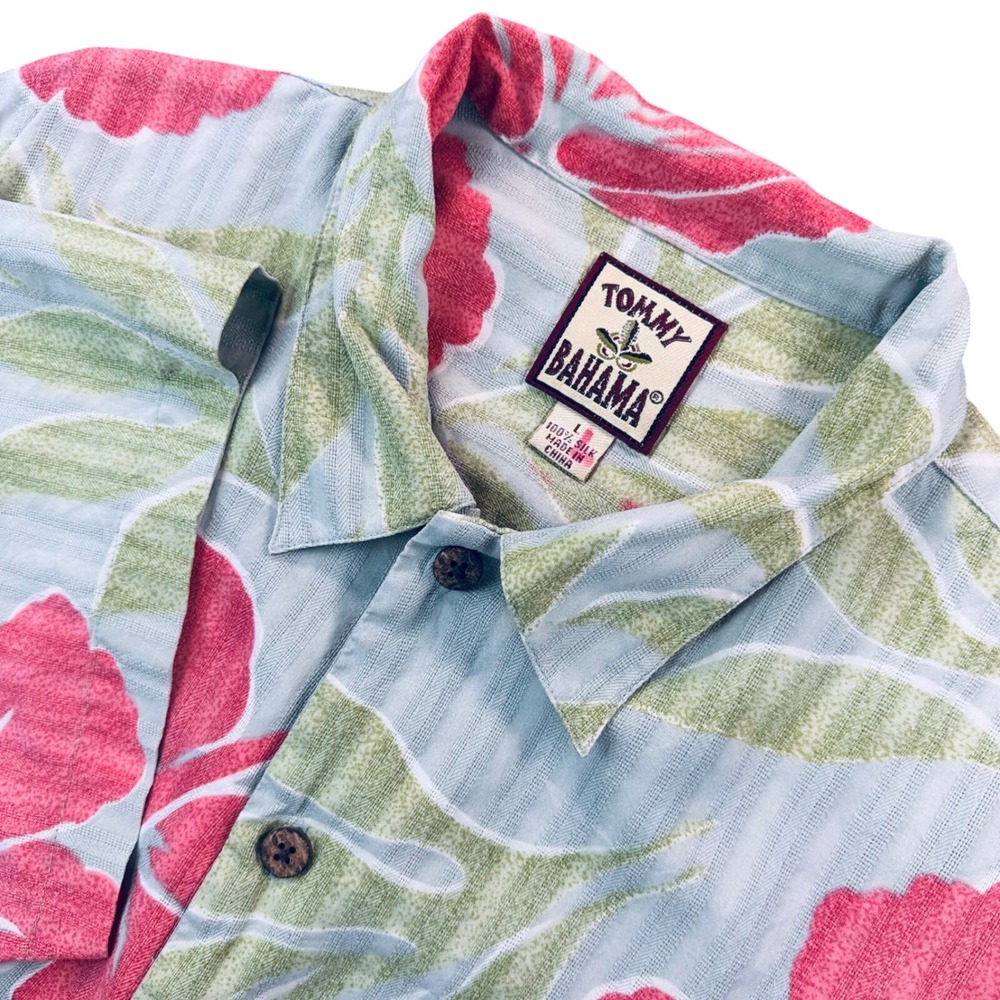 Tommy Bahama Men's Large Silk Hibiscus Floral Print Short Sleeve Camp Shirt Blue